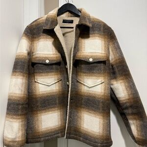 All Saints Men's Tan and Cream Plaid Shirt Jacket